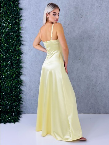 Dámske dlhé žlté spoločenské šaty na ramienka s rázporkom