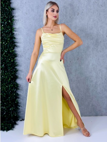 Dámske dlhé žlté spoločenské šaty na ramienka s rázporkom