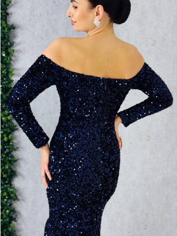 Dámske dlhé modré spoločenské šaty s flitrami a dlhými rukávmi