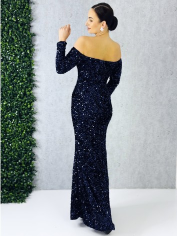Dámske dlhé modré spoločenské šaty s flitrami a dlhými rukávmi