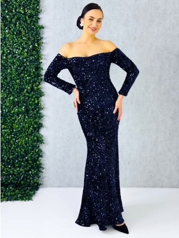 Dámske dlhé modré spoločenské šaty s flitrami a dlhými rukávmi
