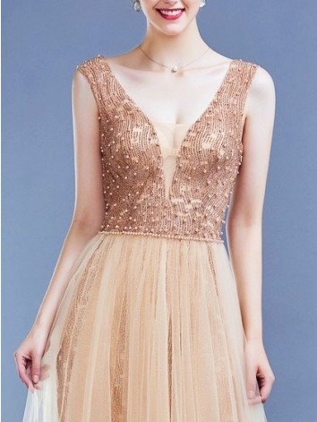 Dámske dlhé zlaté spoločenské šaty s kamienkami
