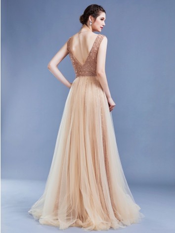 Dámske dlhé zlaté spoločenské šaty s kamienkami