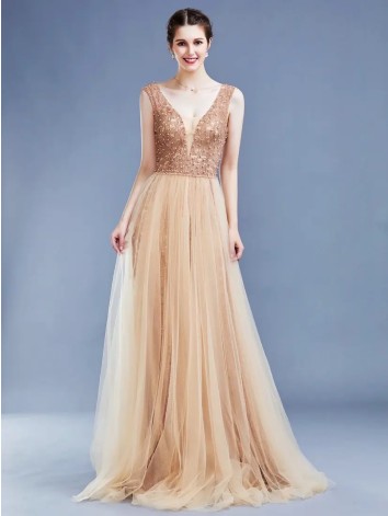 Dámske dlhé zlaté spoločenské šaty s kamienkami