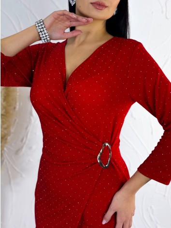 Dámské elastické přiléhavé šaty se třpytkami a sponou - červené