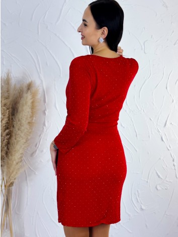 Dámské elastické přiléhavé šaty se třpytkami a sponou - červené