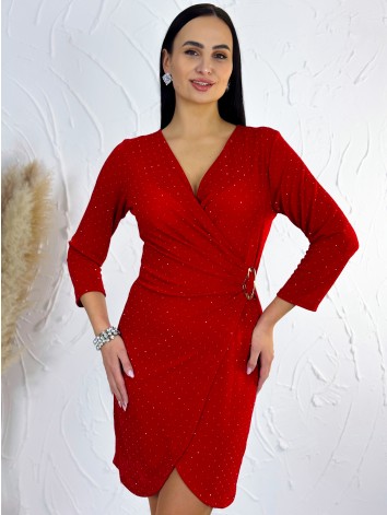 Dámské elastické přiléhavé šaty se třpytkami a sponou - červené