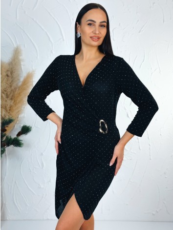Dámske elastické priliehavé šaty s trblietkami a sponou - čierne