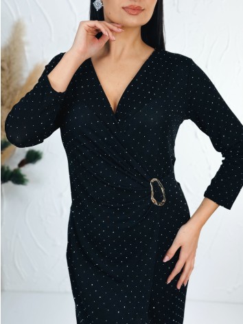 Dámske elastické priliehavé šaty s trblietkami a sponou - čierne
