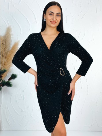 Dámske elastické priliehavé šaty s trblietkami a sponou - čierne