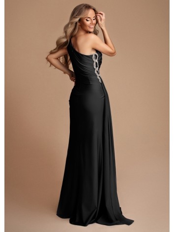 Dámske elastické spoločenské šaty s ozdobnými kamienkami a razporkom - čierne