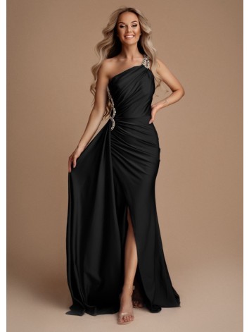 Dámske elastické spoločenské šaty s ozdobnými kamienkami a razporkom - čierne