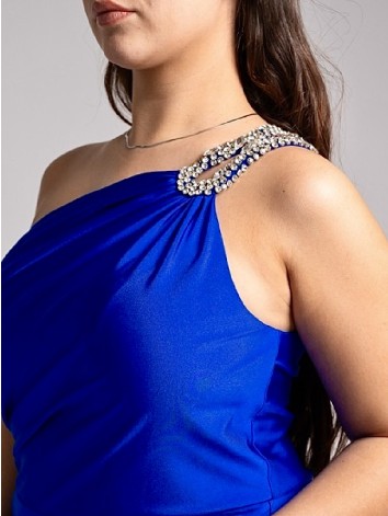 Dámske elastické spoločenské šaty s ozdobnými kamienkami pre moletky - modré