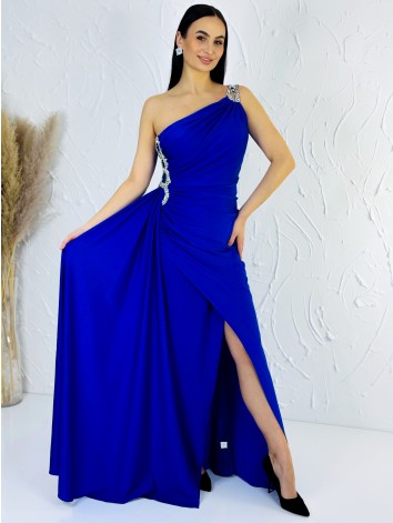 Dámske elastické spoločenské šaty s ozdobnými kamienkami pre moletky - modré
