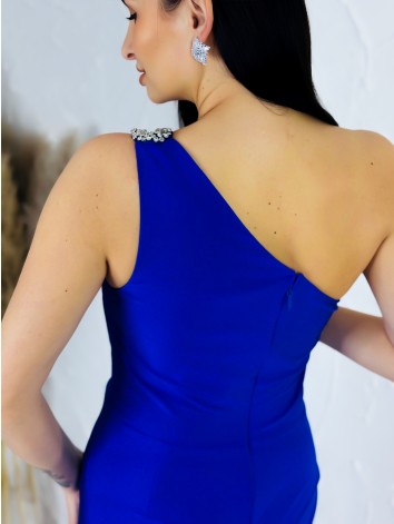 Dámske elastické spoločenské šaty s ozdobnými kamienkami pre moletky - modré