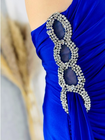 Dámske elastické spoločenské šaty s ozdobnými kamienkami pre moletky - modré