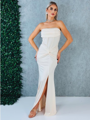 Dámske elastické spoločenské šaty s rozparkom a s efektom uzla v páse - béžové