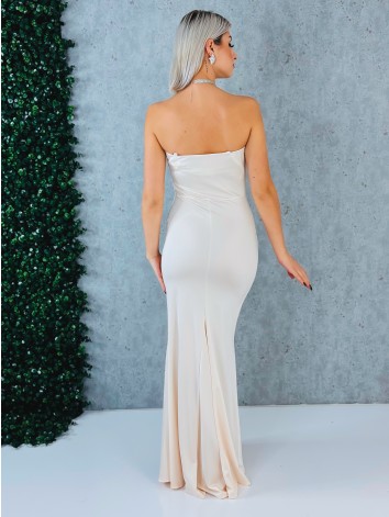 Dámske elastické spoločenské šaty s rozparkom a s efektom uzla v páse - béžové