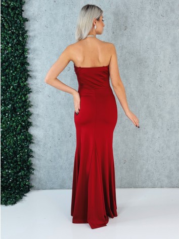 Dámske elastické spoločenské šaty s rozparkom a s efektom uzla v páse - bordové