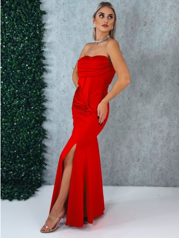 Dámske elastické spoločenské šaty s rozparkom a s efektom uzla v páse - červené