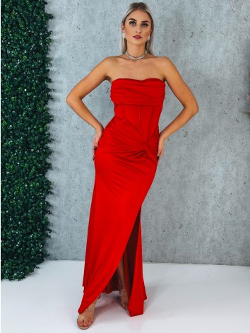 Dámske elastické spoločenské šaty s rozparkom a s efektom uzla v páse - červené