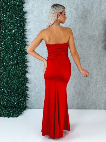 Dámske elastické spoločenské šaty s rozparkom a s efektom uzla v páse - červené