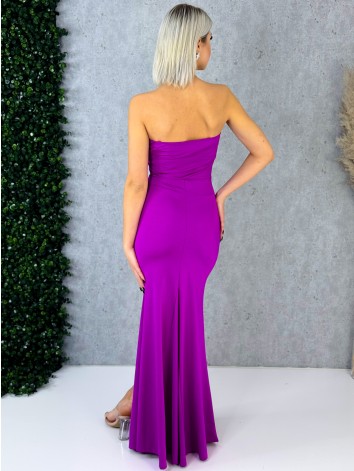 Dámske elastické spoločenské šaty s rozparkom a s efektom uzla v páse - cyklamenové