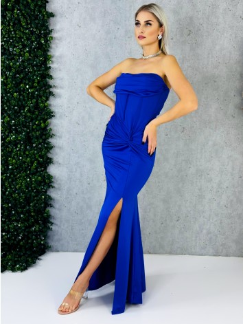 Dámske elastické spoločenské šaty s rozparkom a s efektom uzla v páse - kráľovský modré