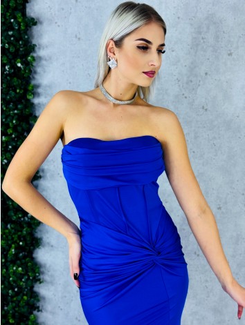 Dámske elastické spoločenské šaty s rozparkom a s efektom uzla v páse - kráľovský modré