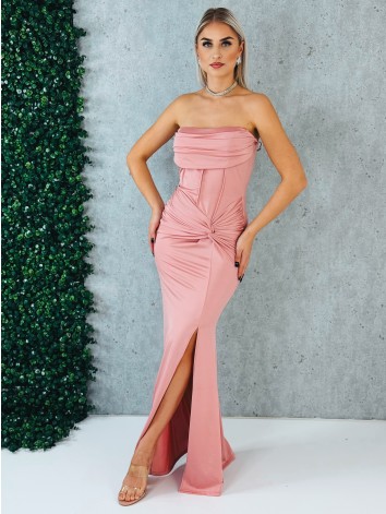 Dámske elastické spoločenské šaty s rozparkom a s efektom uzla v páse - staroružové