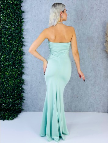 Dámske elastické spoločenské šaty s rozparkom a s efektom uzla v páse - tyrkysové