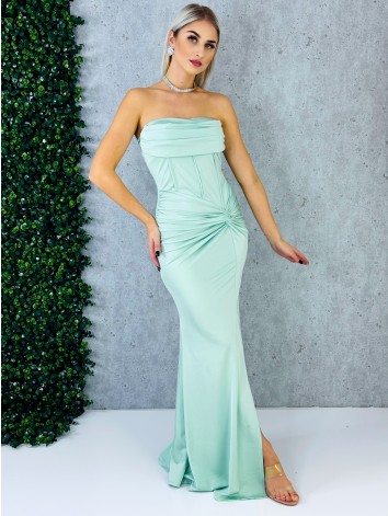 Dámske elastické spoločenské šaty s rozparkom a s efektom uzla v páse - tyrkysové