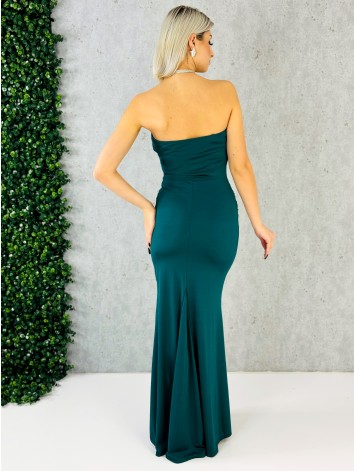 Dámske elastické spoločenské šaty s rozparkom a s efektom uzla v páse - zelené