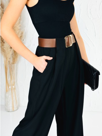 Dámske elegantné čierne široké nohavice s opaskom Venezia