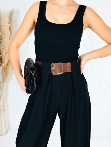 Dámske elegantné čierne široké nohavice s opaskom Venezia