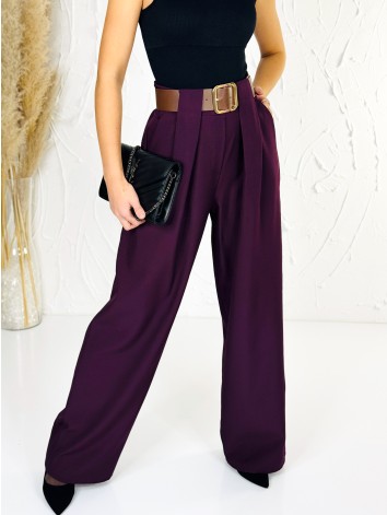 Dámske elegantné fialové široké nohavice s opaskom Venezia