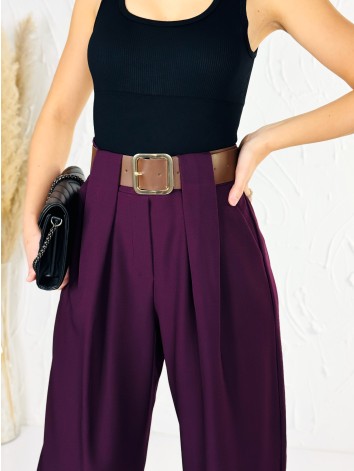Dámske elegantné fialové široké nohavice s opaskom Venezia
