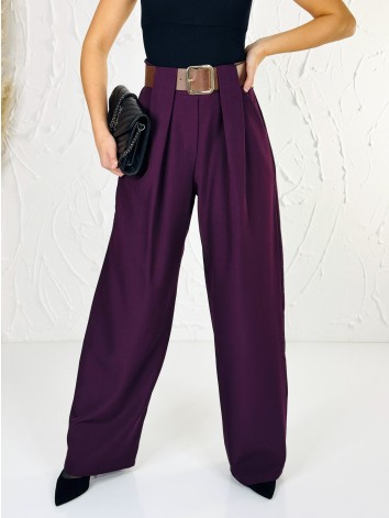 Dámske elegantné fialové široké nohavice s opaskom Venezia