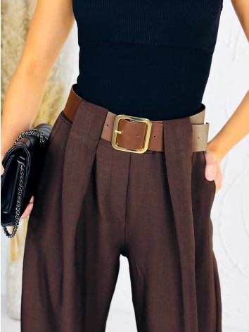 Dámske elegantné hnedé široké nohavice s opaskom Venezia