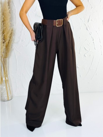 Dámske elegantné hnedé široké nohavice s opaskom Venezia