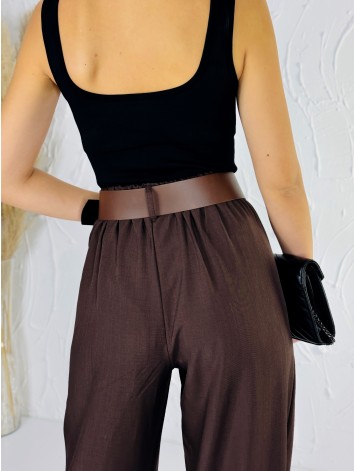 Dámske elegantné hnedé široké nohavice s opaskom Venezia