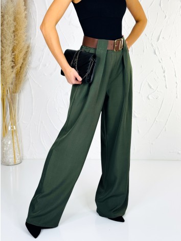 Dámske elegantné khaki široké nohavice s opaskom Venezia