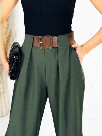 Dámske elegantné khaki široké nohavice s opaskom Venezia