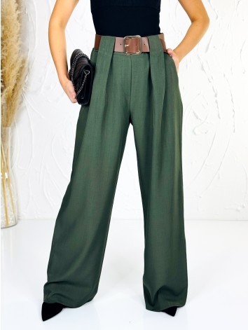 Dámske elegantné khaki široké nohavice s opaskom Venezia