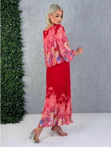 Dámske elegantné midi plisované šaty s kvetovanou potlačou aj pre moletky - červené