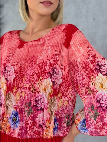 Dámske elegantné midi plisované šaty s kvetovanou potlačou aj pre moletky - červené