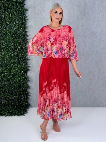 Dámske elegantné midi plisované šaty s kvetovanou potlačou aj pre moletky - červené