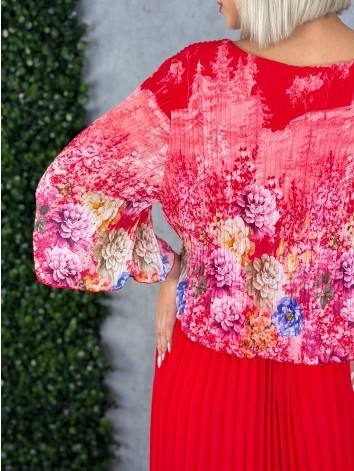 Dámske elegantné midi plisované šaty s kvetovanou potlačou aj pre moletky - červené