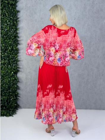 Dámske elegantné midi plisované šaty s kvetovanou potlačou aj pre moletky - červené