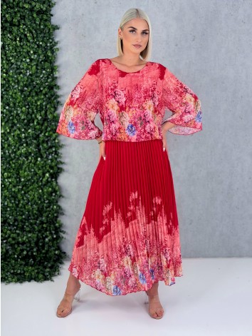 Dámske elegantné midi plisované šaty s kvetovanou potlačou aj pre moletky - červené